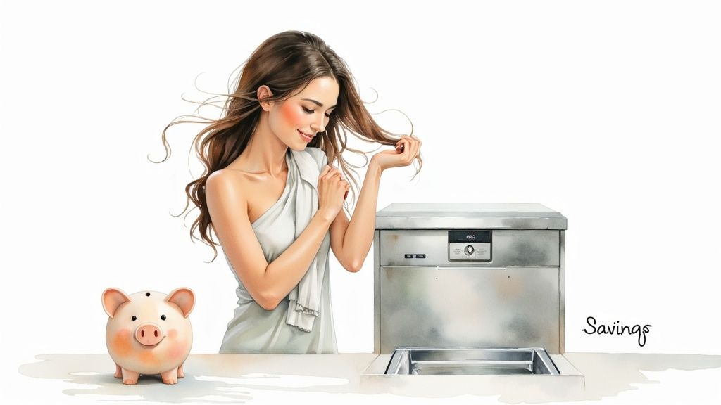 A smiling woman next to a modern dishwasher and a piggy bank, with 'Savings' written on the right.