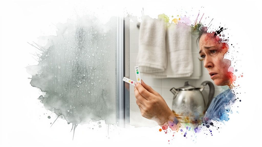 A worried person holding two water testing strips in a bathroom, comparing results.