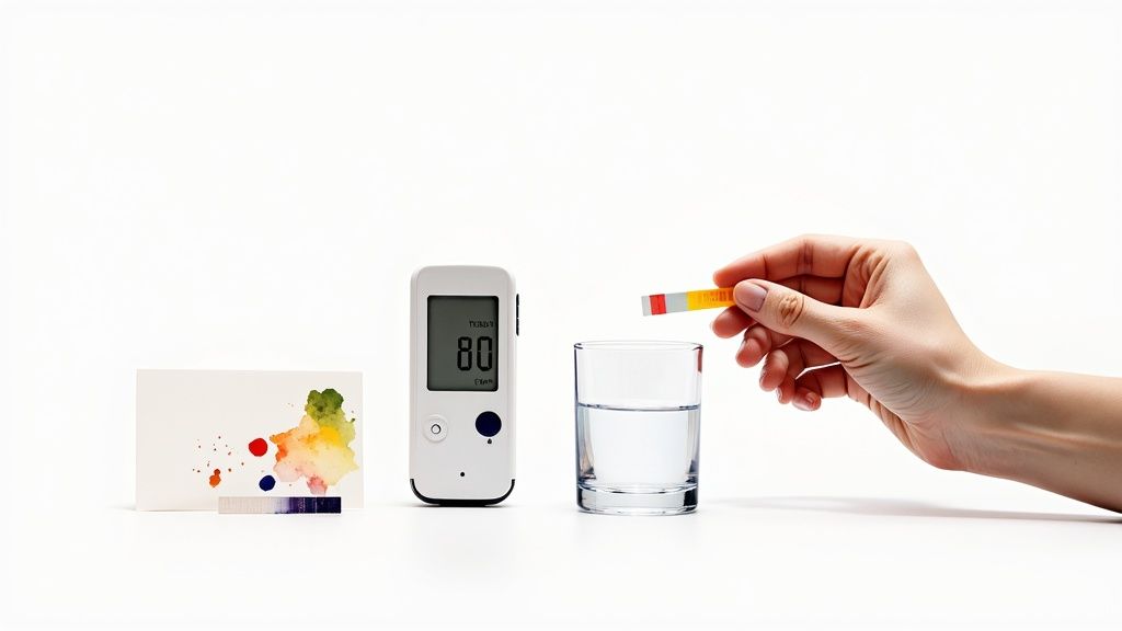 A hand holds a pH test strip over a glass of water next to a digital health monitor.