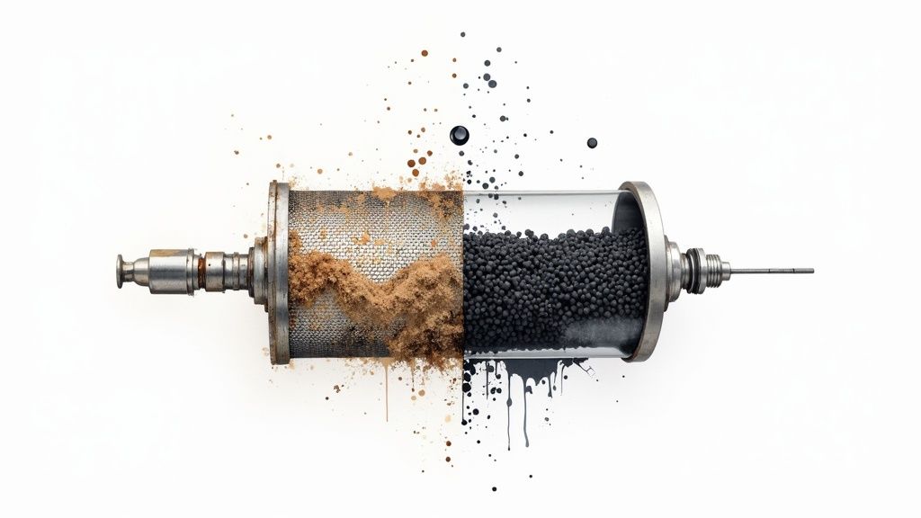 A filter device with brown granular material on mesh and black purification pellets in glass.