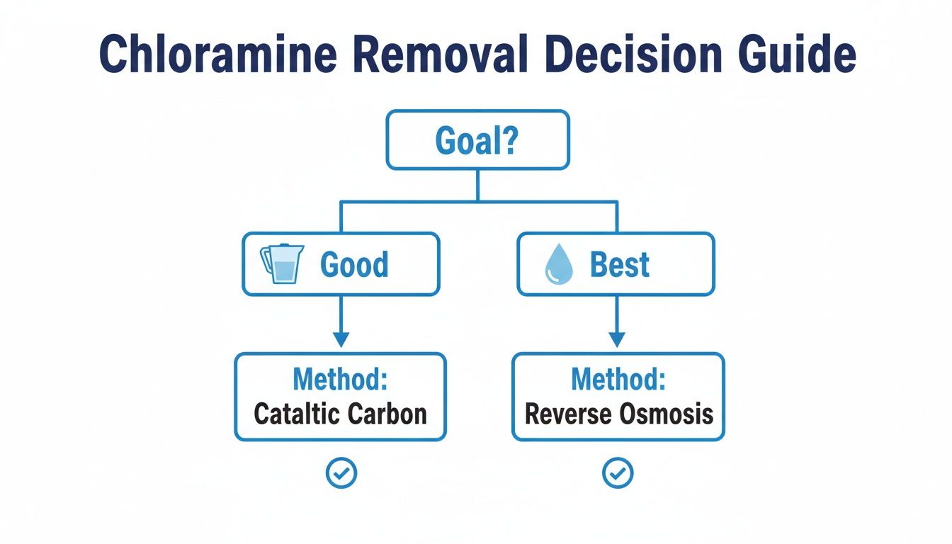 A chloramine removal decision guide comparing catalytic carbon (good) with reverse osmosis (best).
