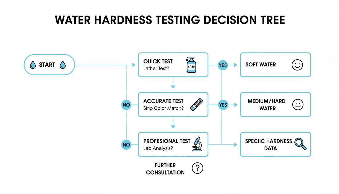 Decision tree flowchart illustrating steps for water hardness testing, from quick lather test to lab analysis.