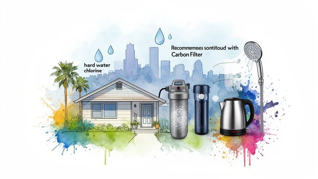 Illustration showing a house, city skyline, and various water filtration solutions for hard water and chlorine.