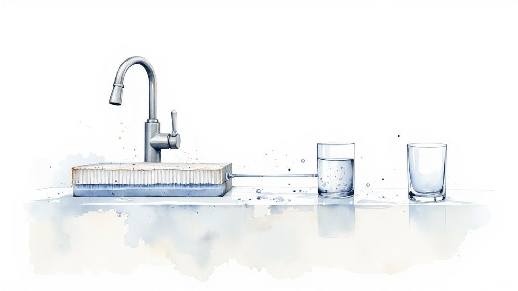 Water filtration system with faucet and filter cartridge diagram showing purification process