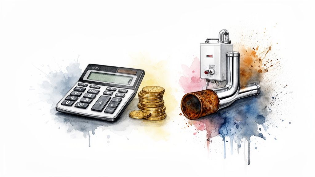 Calculator, coins, and water heater with old and new pipes, representing plumbing costs and upgrades.