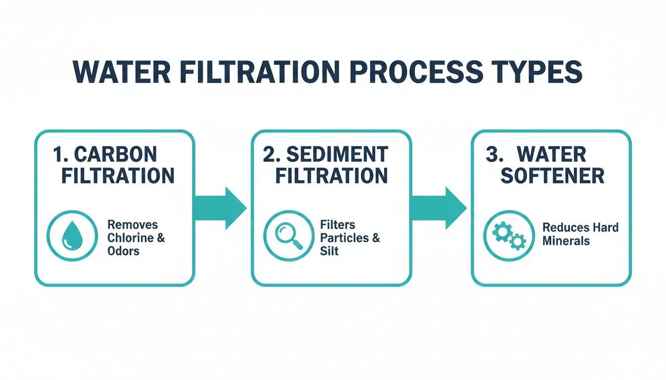 Infographic showing three types of water filtration processes: carbon, sediment, and water softener.
