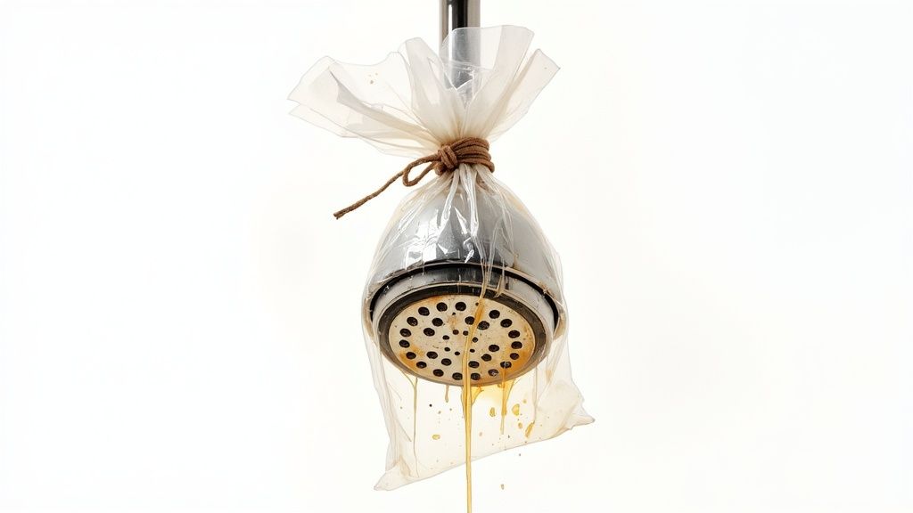 A shower head with a plastic bag tied around it, filled with a cleaning solution to remove hard water stains.