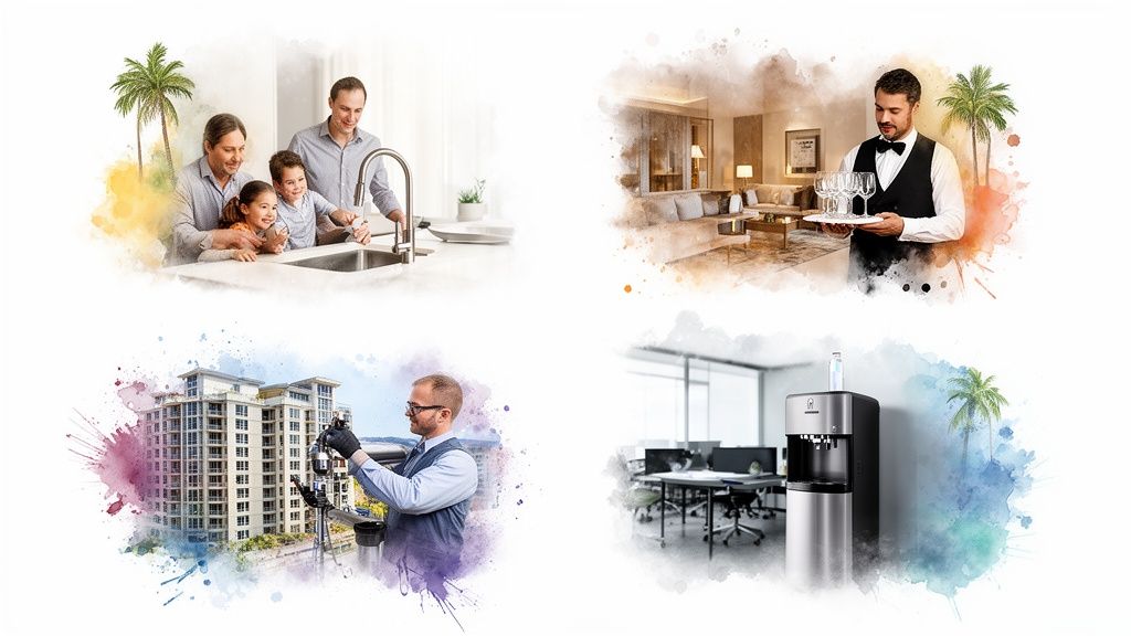 Diverse scenes illustrating water usage and service in homes, hotels, urban buildings, and modern offices.