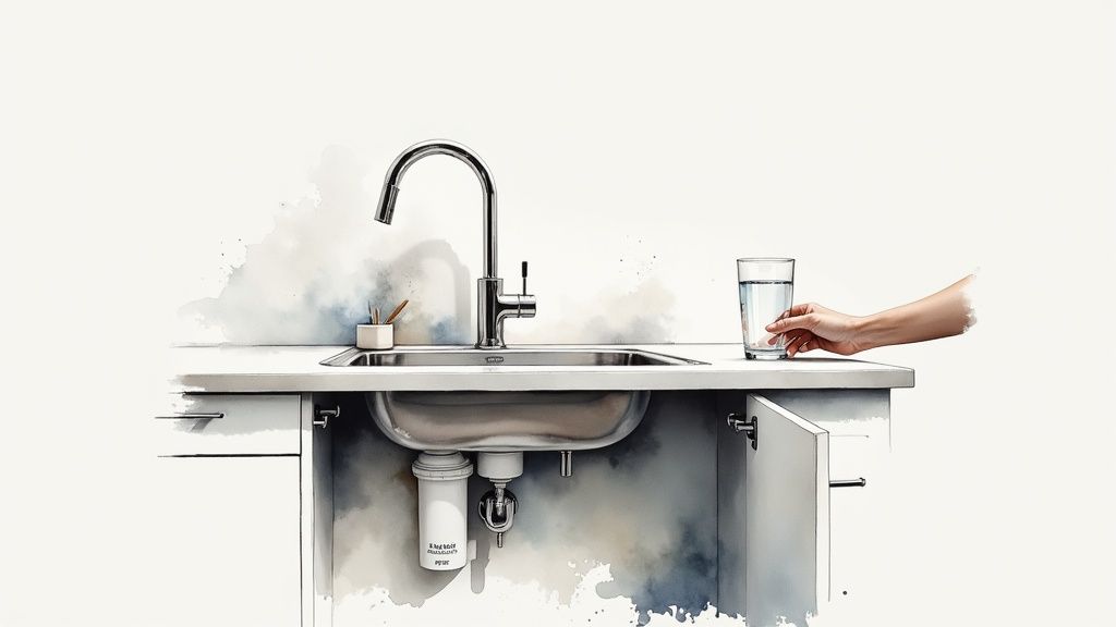 A hand holds a glass of water by a kitchen sink, showing the under-sink water filter system.