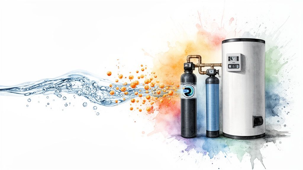 Water heater and water filtration systems alongside water waves and orange particles, symbolizing clean water solutions.