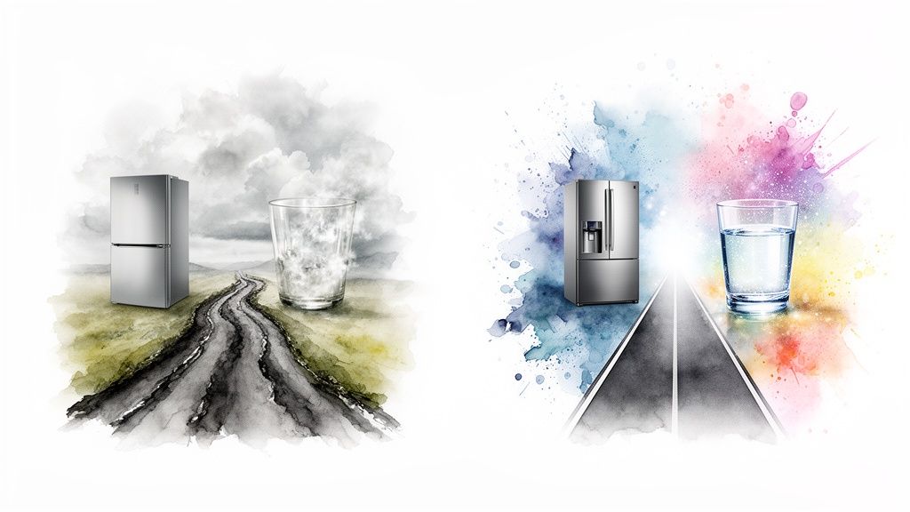 Visual contrast of a basic fridge with cloudy water versus a modern fridge with clear, clean water.