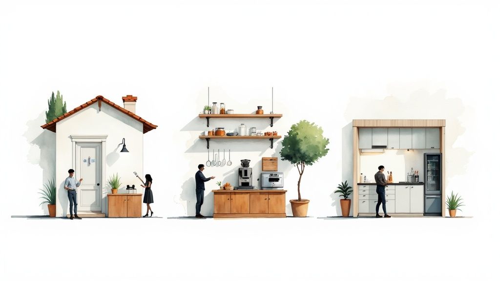 A family smiling and drinking clean water in their kitchen, showing a real-world scenario of water filtration.