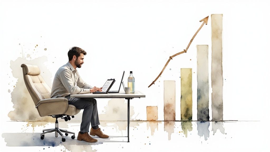 A man works on a laptop at a desk next to an upward trending watercolor bar graph.