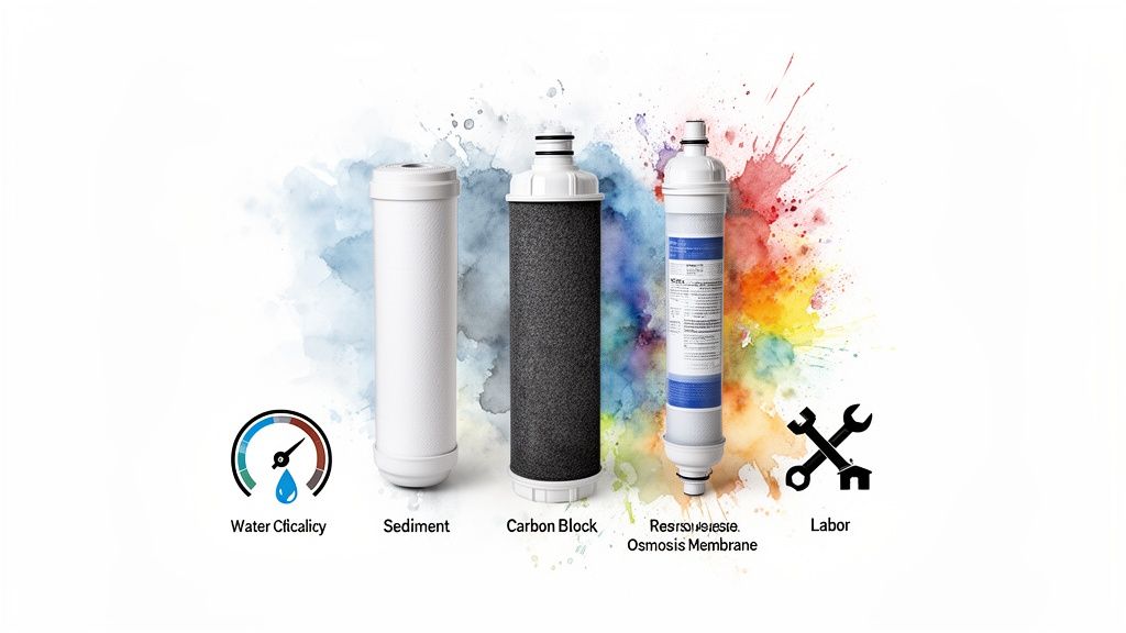 Three water filter types: sediment, carbon block, and reverse osmosis membrane, with water quality and labor icons.