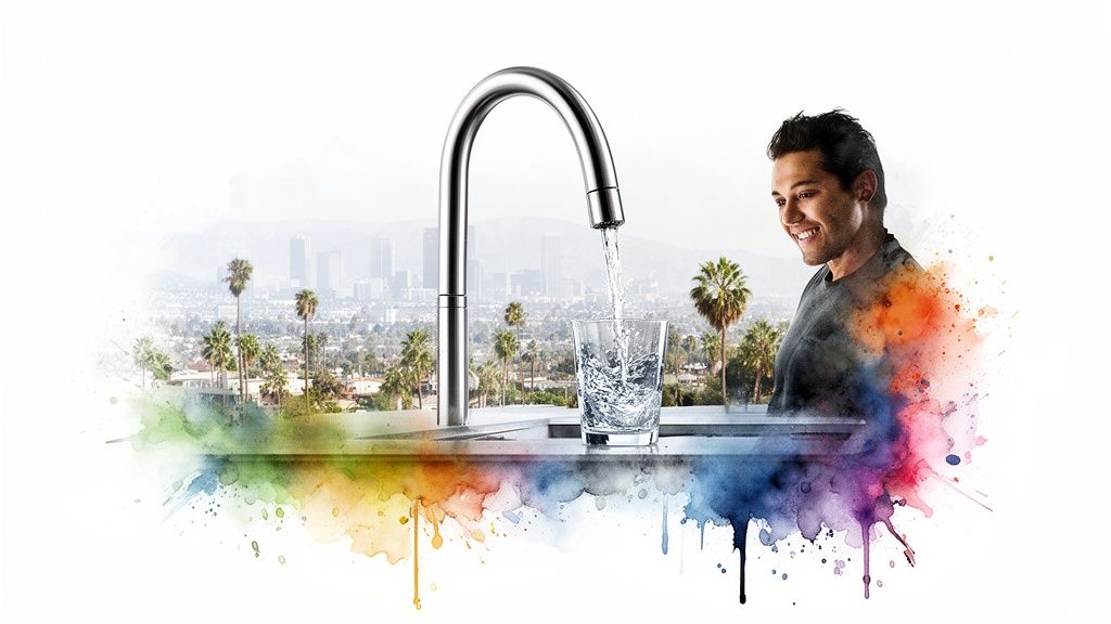 Smiling man watches fresh water fill a glass from a modern faucet, vibrant city background.