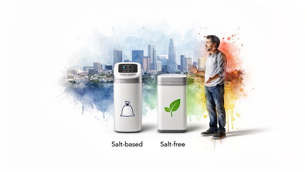 A man stands between a salt-based water softener and a salt-free system, comparing options with a city background.