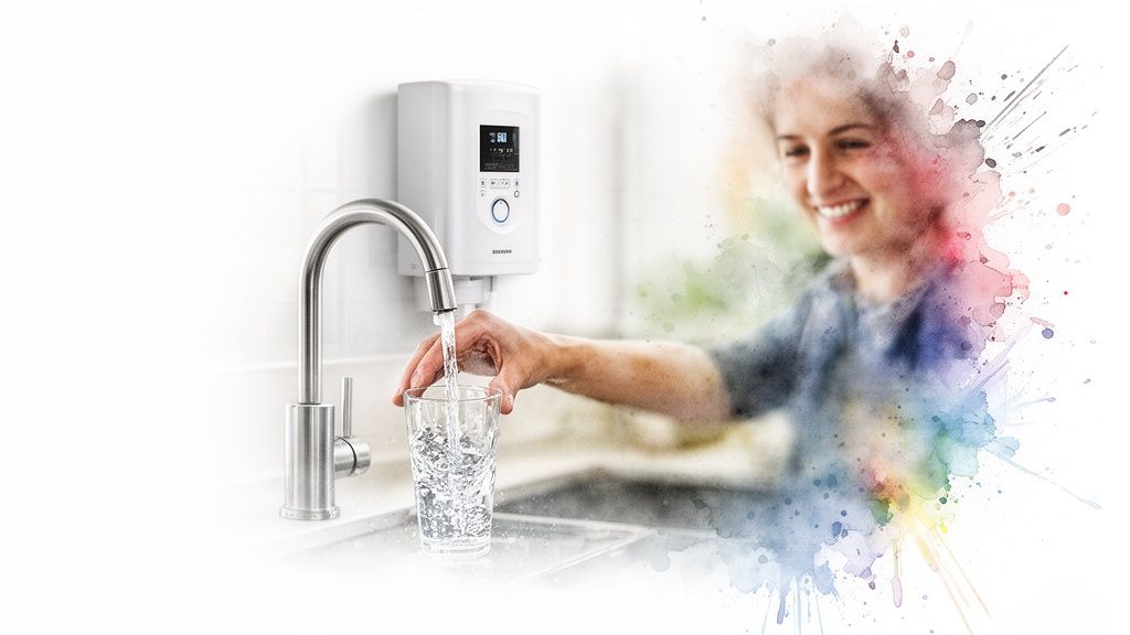 A smiling person fills a glass with fresh, clean water from a faucet connected to a water filter.