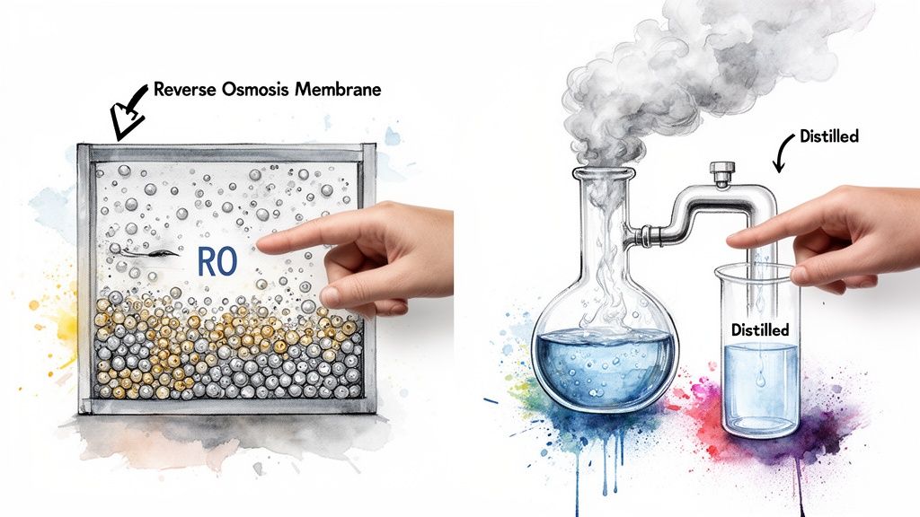 Comparison of Reverse Osmosis (RO) filtration and distillation processes for water purification.