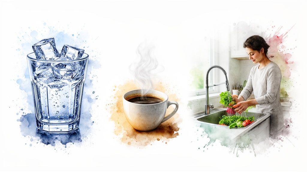 A triptych image in watercolor style: a glass of ice water, a steaming cup of coffee, and a woman washing vegetables.