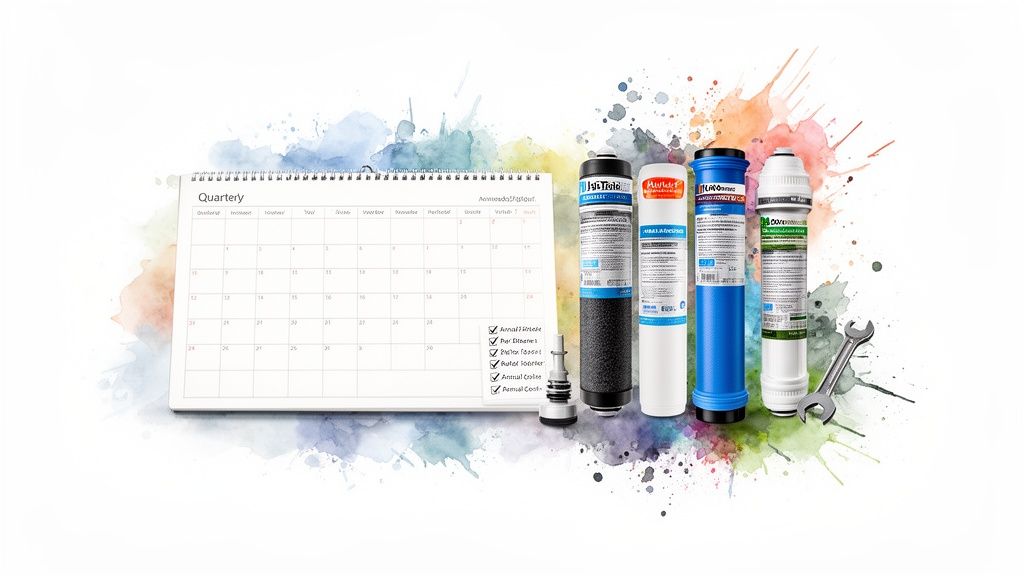 A calendar showing quarterly maintenance tasks next to various whole house water filters and a wrench.