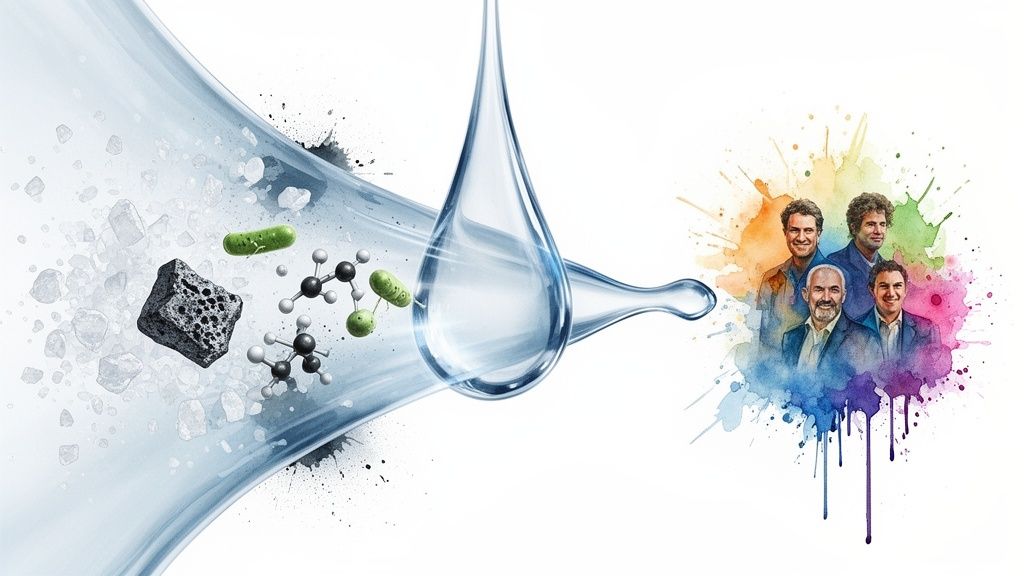 Water purification process with dirty water, a clean water droplet, and four smiling innovators.