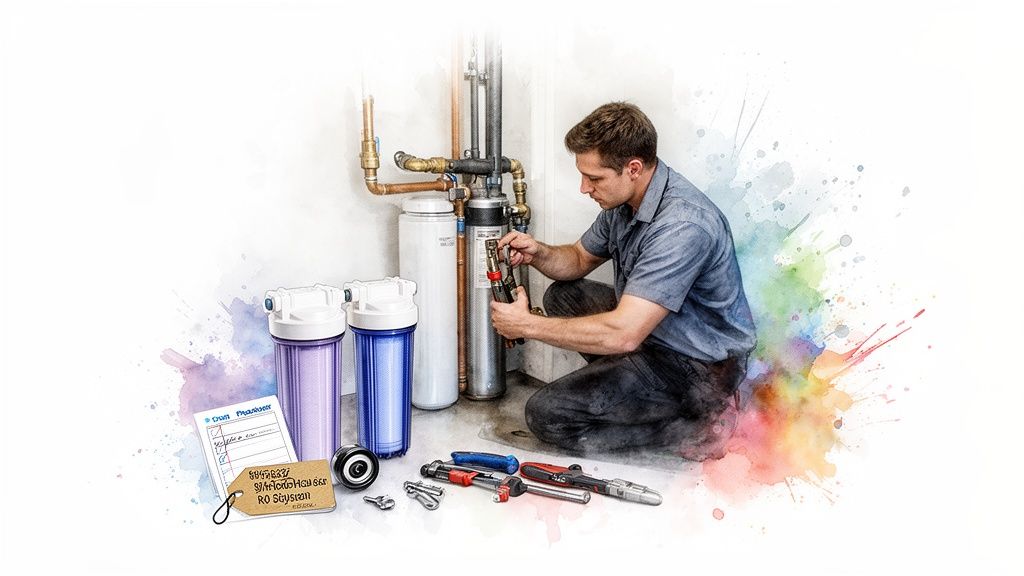 A male technician maintains a whole house reverse osmosis water filtration system with tools.