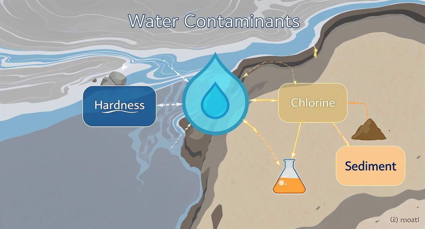 Water contaminants diagram showing hardness, chlorine, and sediment affecting water quality and filtration