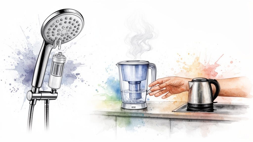 An illustration showing a shower head with a filter, a water filter pitcher, and a kettle, suggesting water purification.