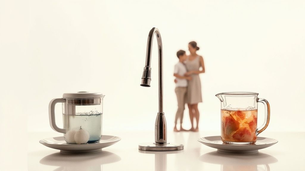 Modern kitchen water filtration faucet with clear and filtered water in glass pitchers