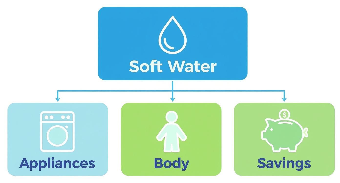 Soft water benefits diagram showing three categories: appliances, body care, and financial savings