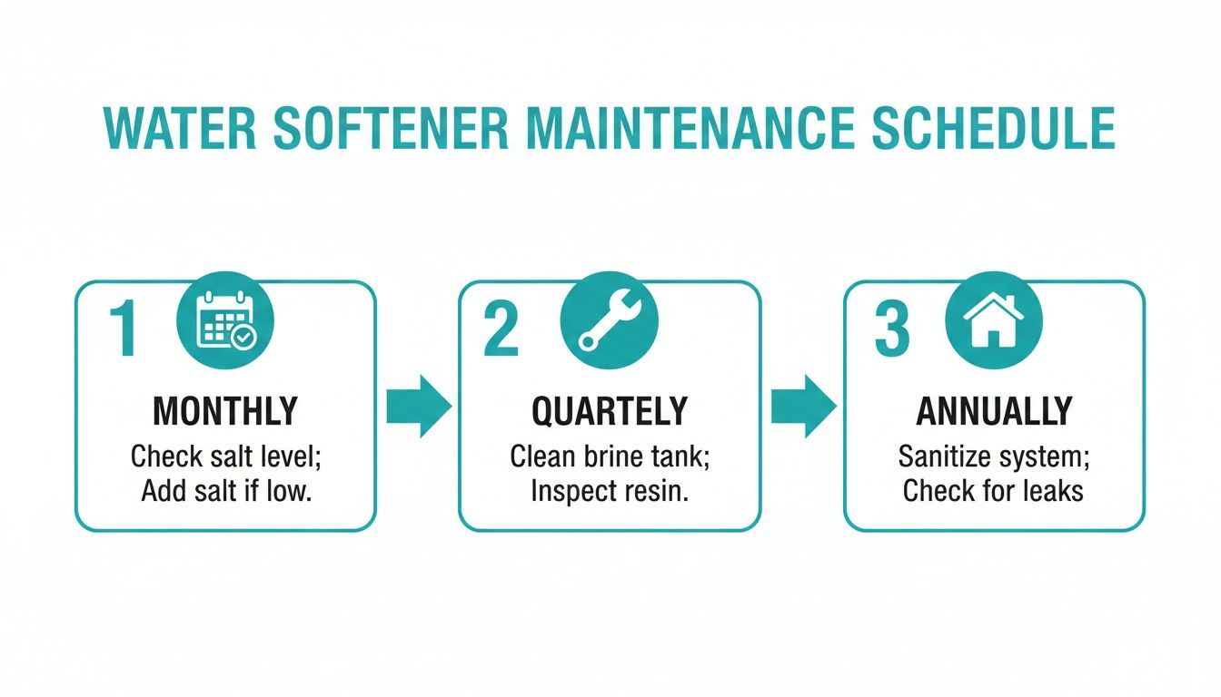 A water softener maintenance schedule outlining monthly, quarterly, and annual upkeep tasks.