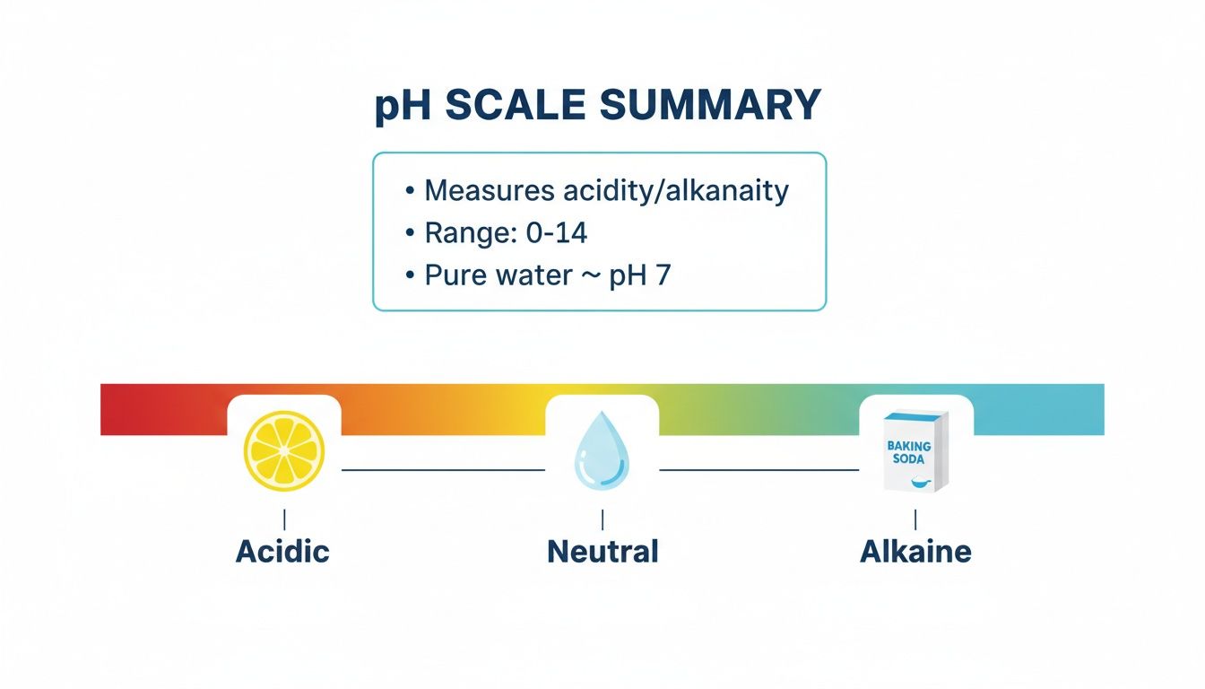 An infographic summarizing the pH scale, illustrating acidic, neutral, and alkaline levels with common examples like lemon, water, and baking soda.