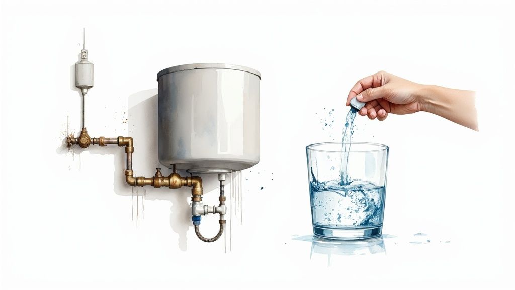 Water treatment system with pipes, storage tank, and hand pouring purified water into glass