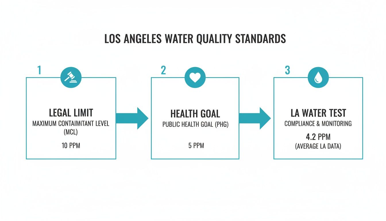 Infographic displaying Los Angeles water quality standards: Legal Limit 10 PPM, Health Goal 5 PPM, and LA Water Test 4.2 PPM.
