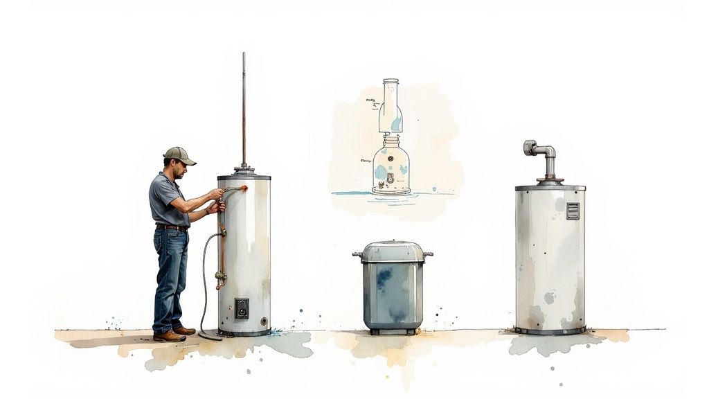 A man services a water heater, with other units and a scientific diagram, depicting plumbing systems.
