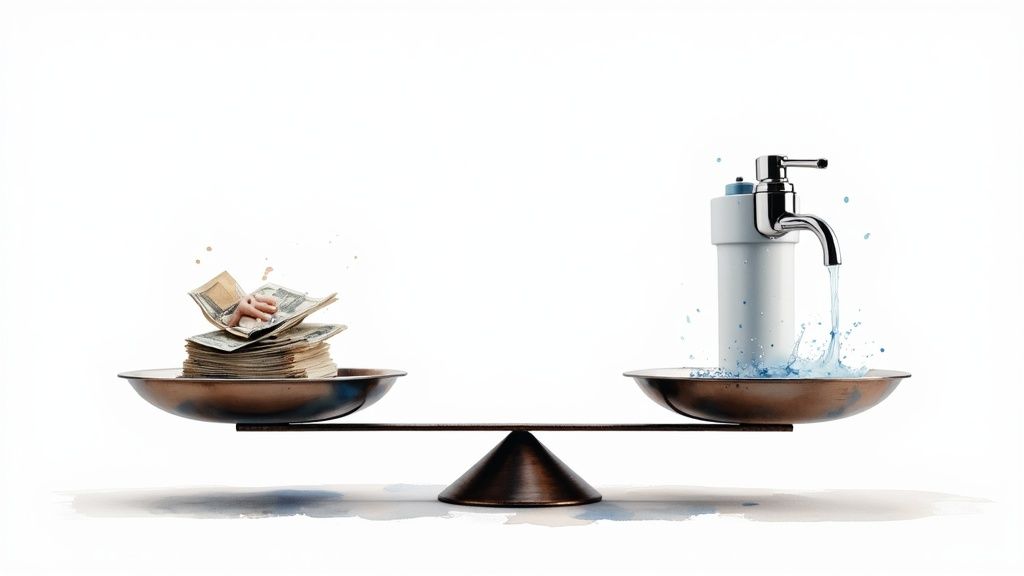 A person pointing at a calculator with charts and graphs in the background, symbolizing financial analysis.