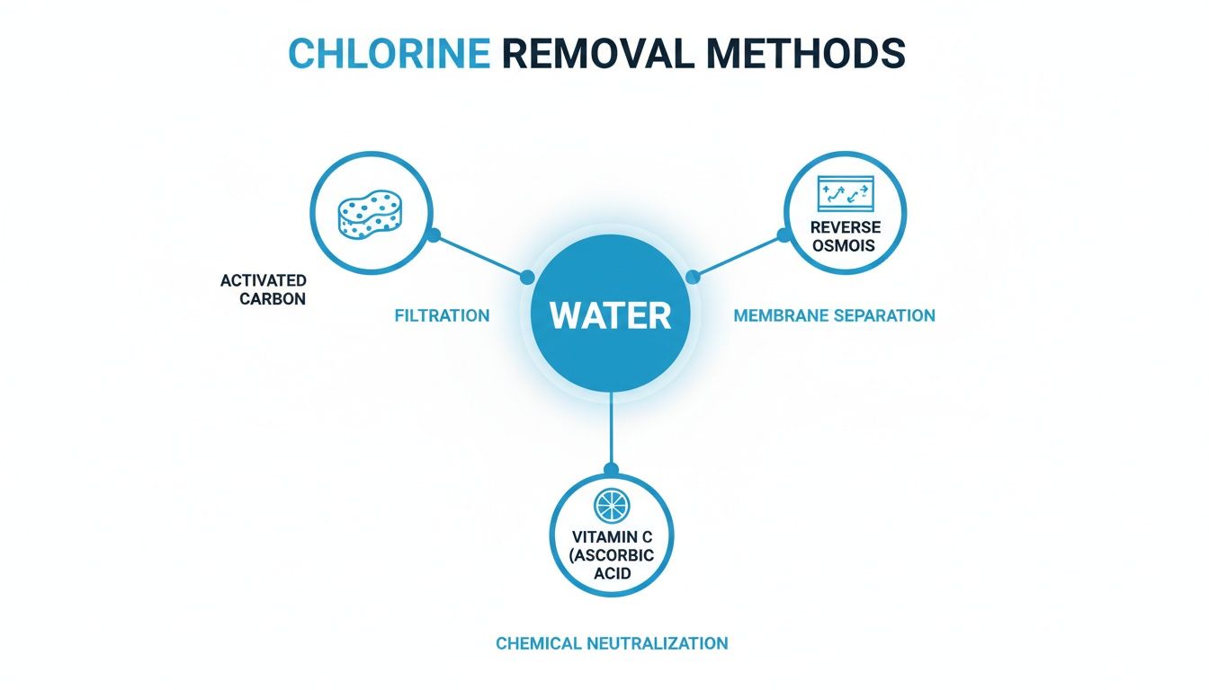 Diagram illustrating three chlorine removal methods from water: filtration, membrane separation, and chemical neutralization.