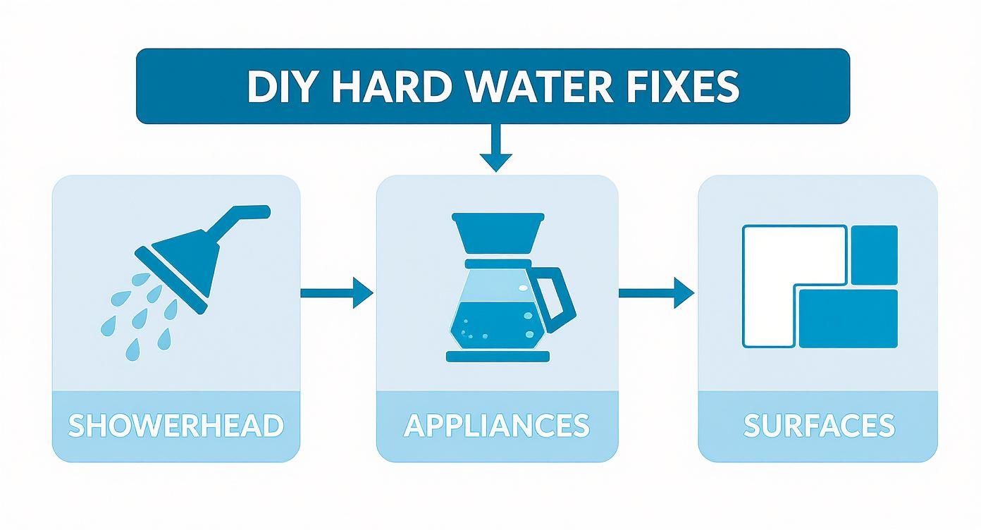 Infographic decision tree showing DIY fixes for hard water on showerheads, appliances, and surfaces.