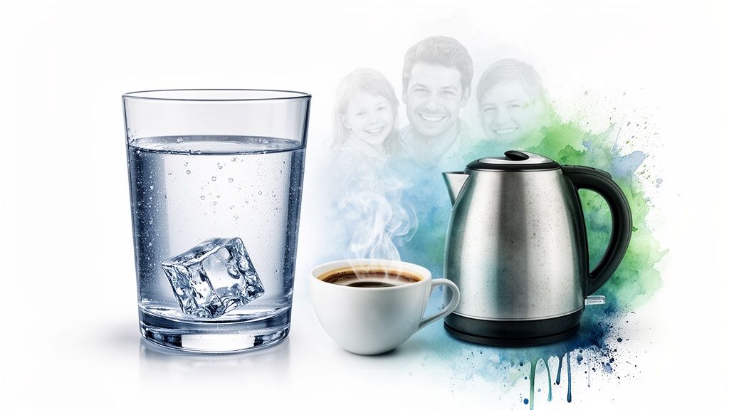 A glass of cold water with ice, a steaming coffee, an electric kettle, and a smiling family.