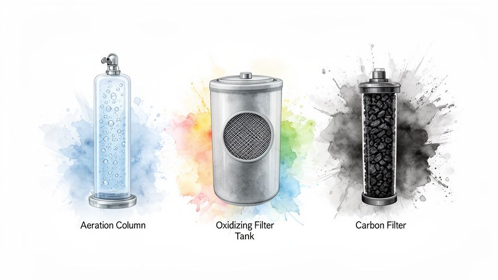 Three types of water filters: an aeration column, an oxidizing filter tank, and a carbon filter, with colorful watercolor backgrounds.