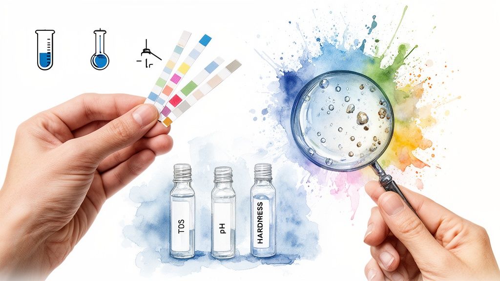 Hands testing water quality with pH strips, examining samples, and analyzing TDS, pH, and hardness.