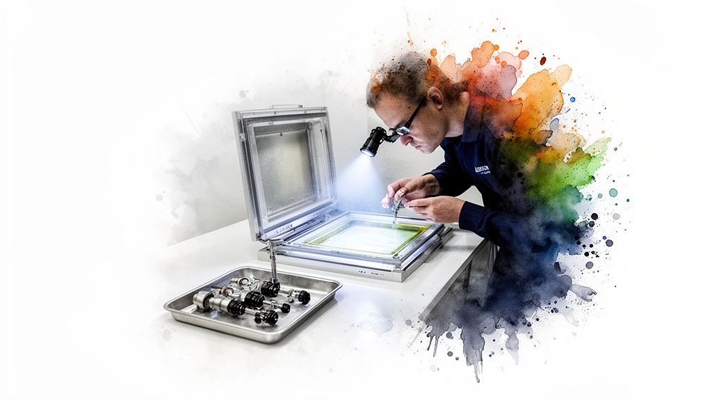 A man in glasses with a headlamp carefully works on a device, with tools in a tray.