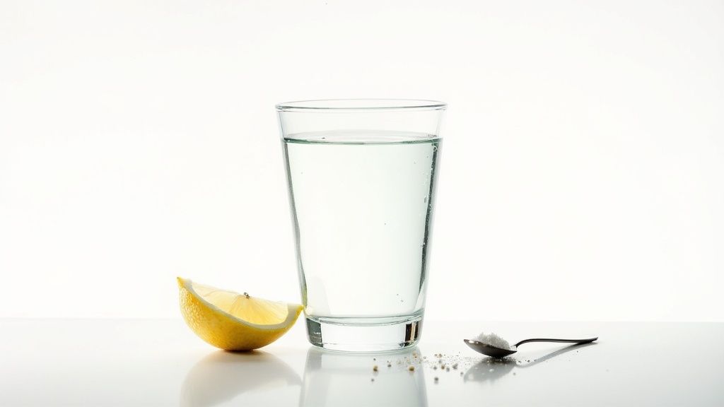 A glass of water, a fresh lemon wedge, and a spoon with salt on a clean white surface.