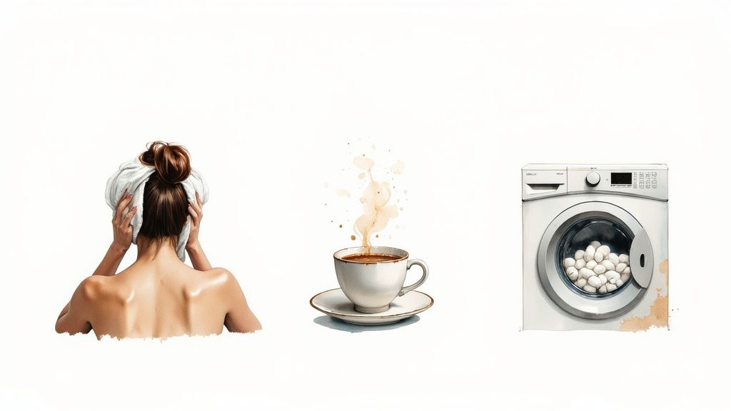 Three panels depict a woman with a towel, a steaming coffee cup, and a washing machine.
