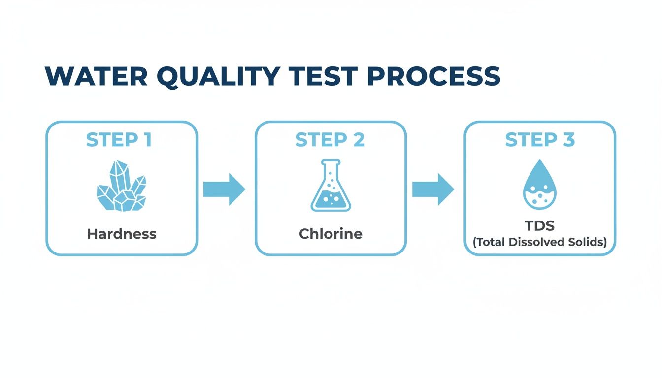 A diagram illustrating a three-step water quality test process: hardness, chlorine, and total dissolved solids.