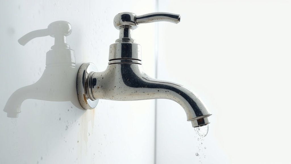A chrome water tap with hard water stains and a slow drip, casting a shadow on a white wall.