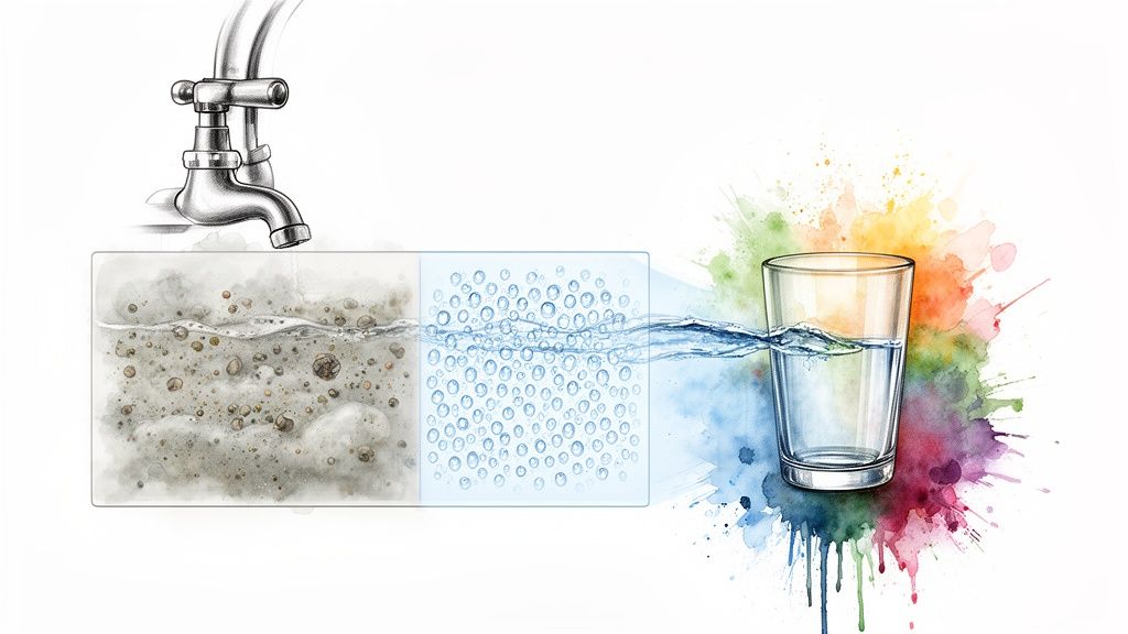 Illustration showing dirty water from a faucet being purified through stages into a clean drinking glass.