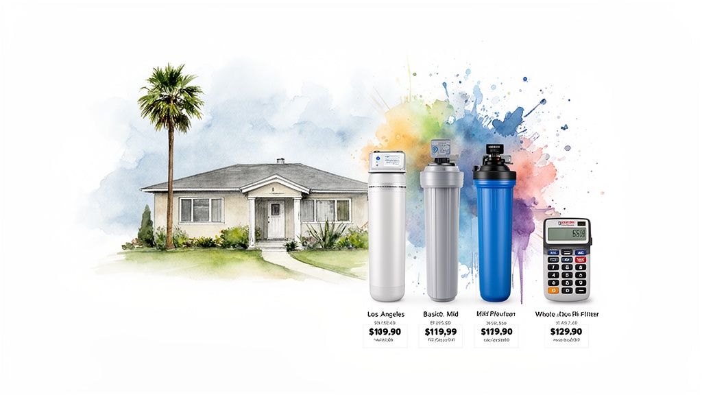 A watercolor illustration of a house, palm tree, and four whole house water filters with prices.