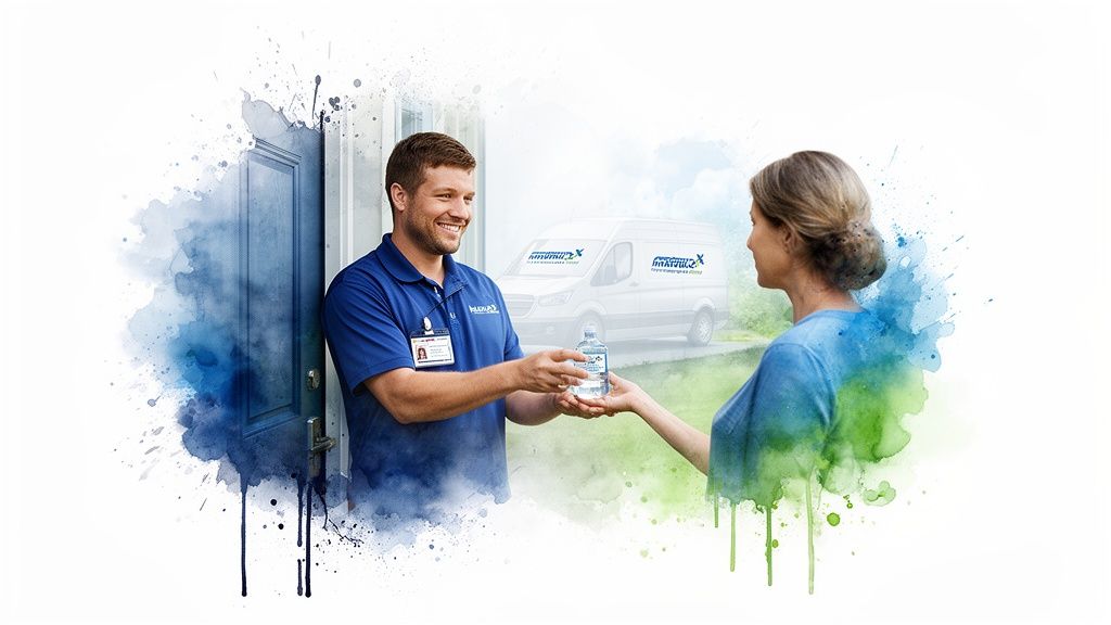 Smiling delivery person in blue uniform hands a water bottle to a woman, showcasing home delivery.