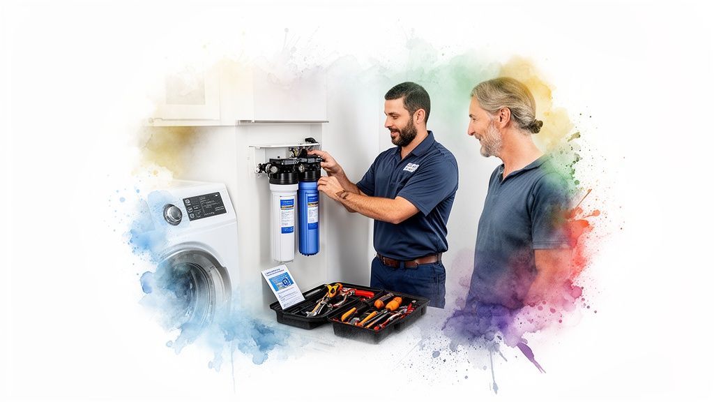 A professional technician installs a home water filtration system while a customer watches.